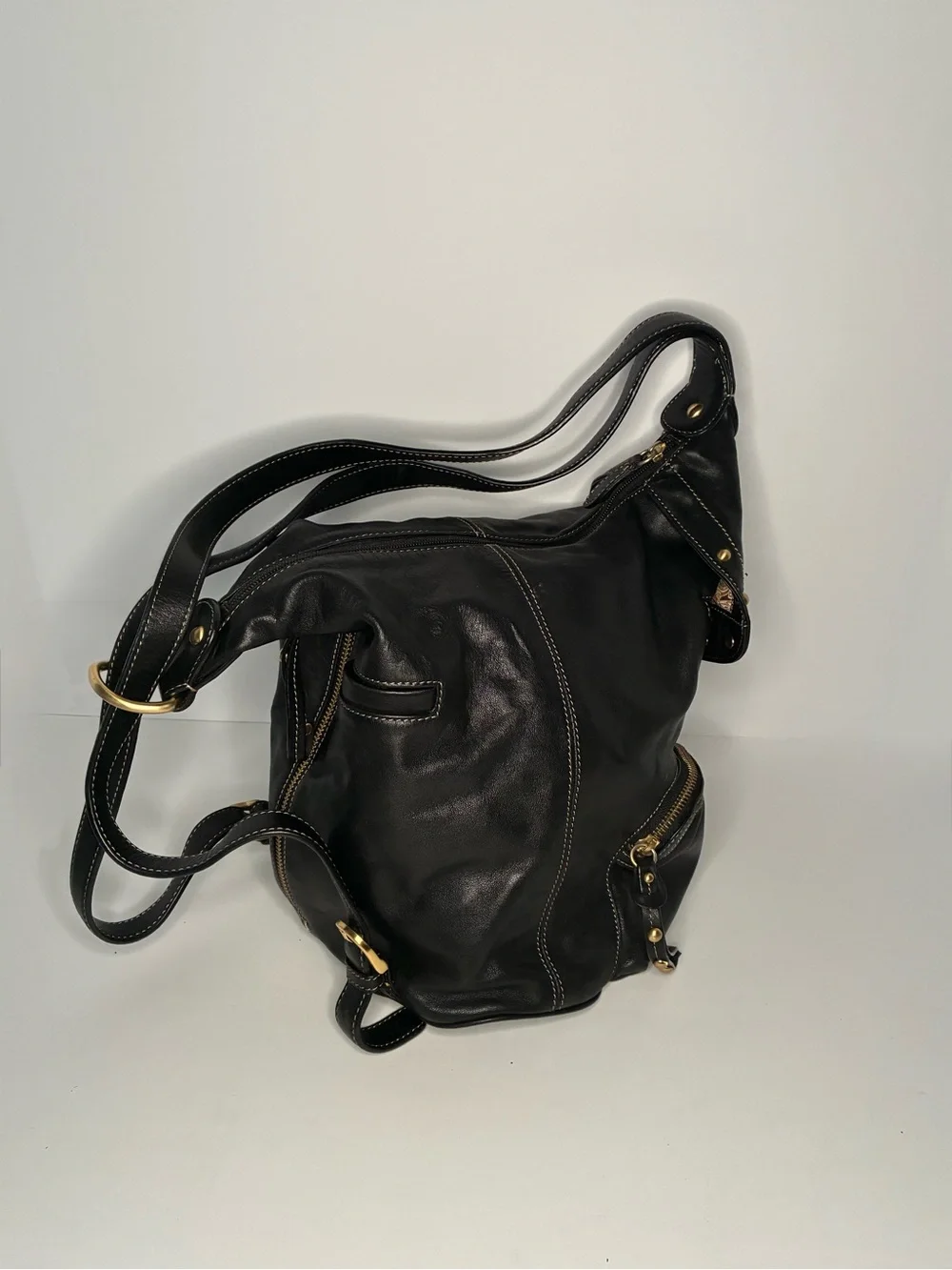 Ladies Black Leather Studded Sling Backpack